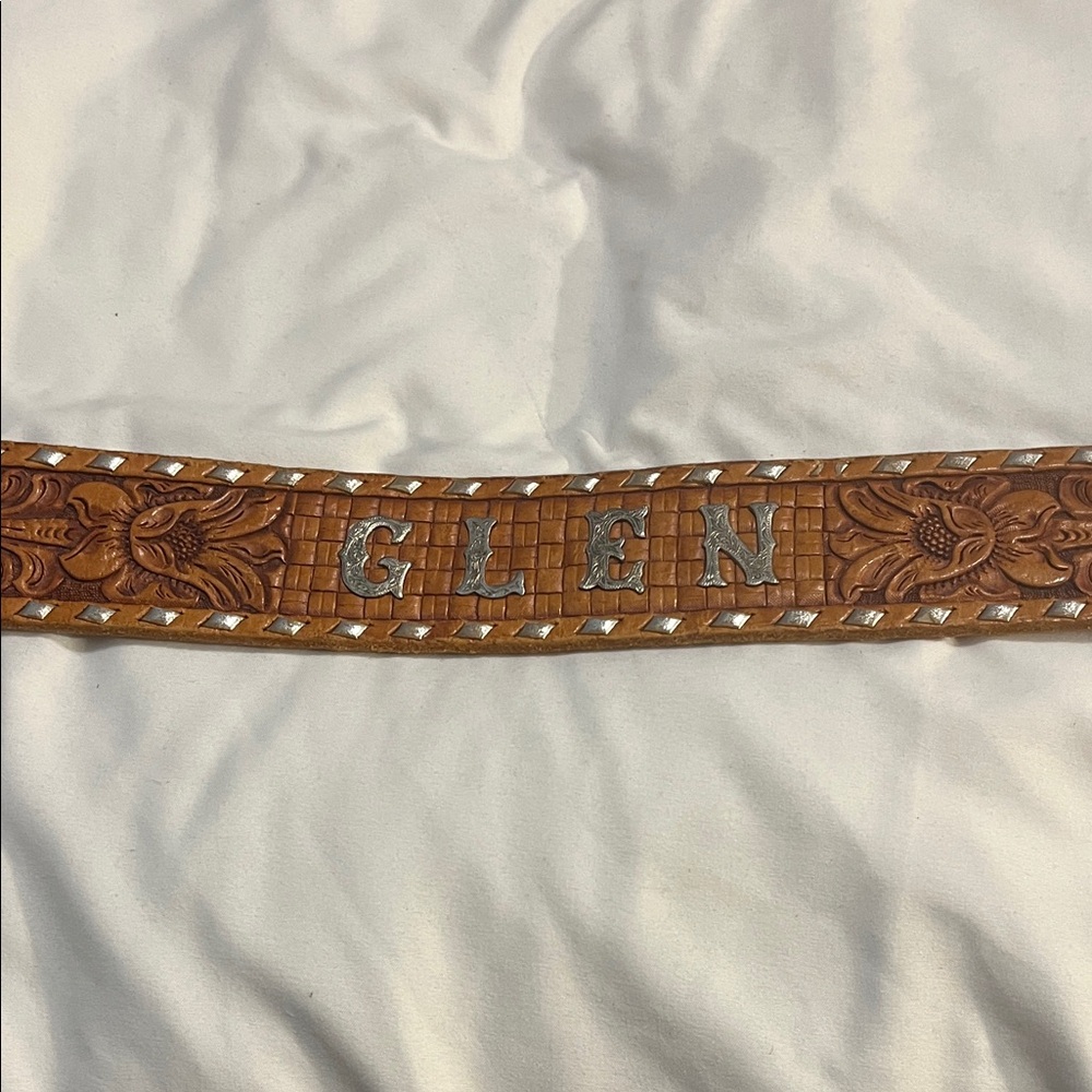 Brown Leather Belt with Floral Design And Personalized with GLEN